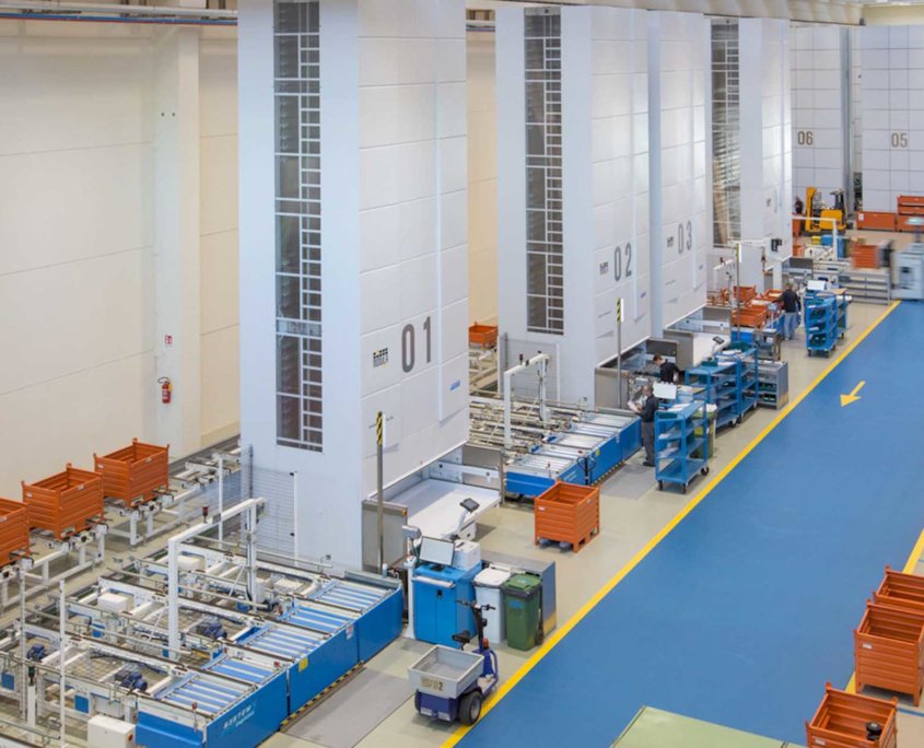 Vertical Lift Modules in a large factory warehouse